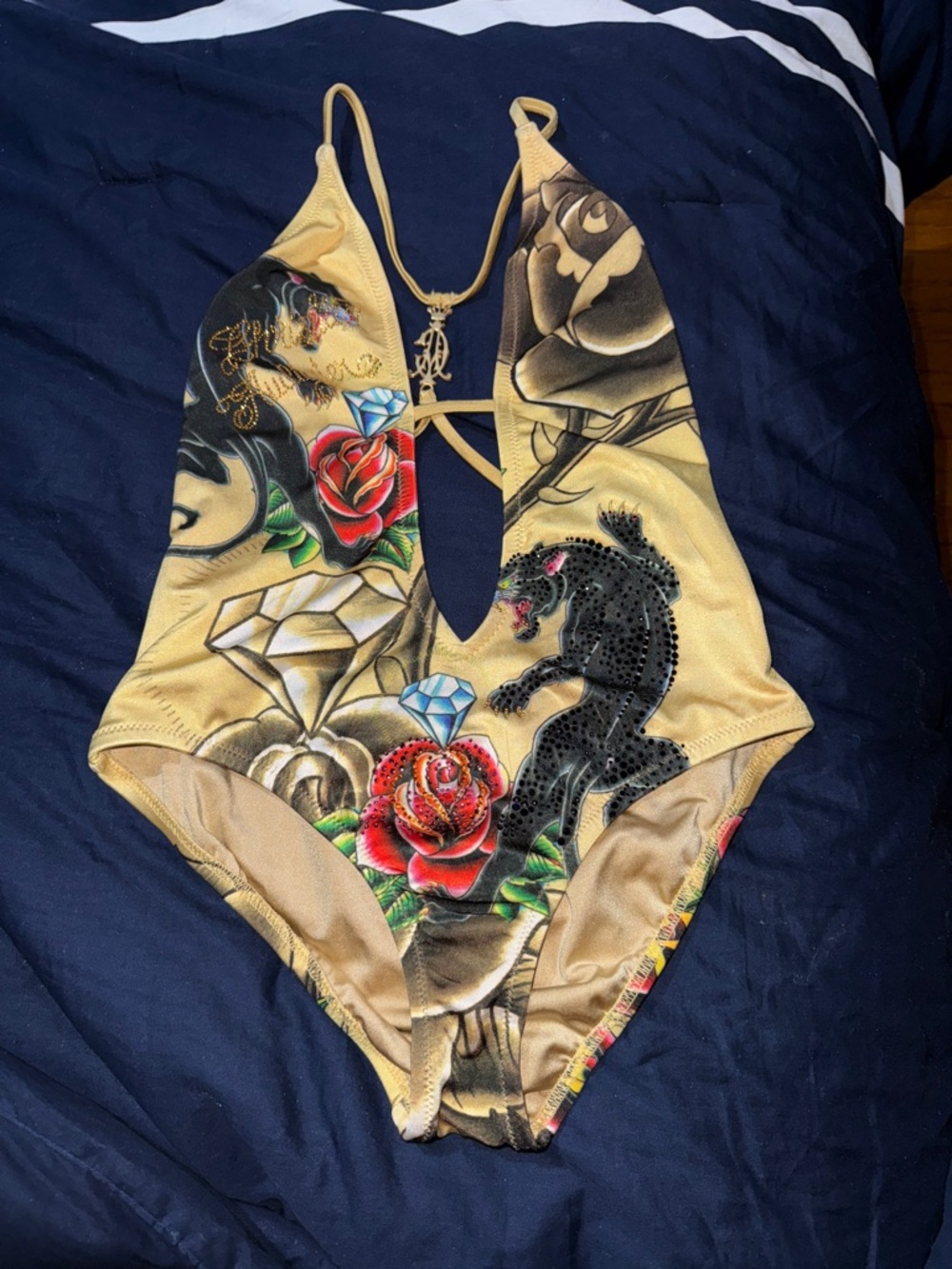 Christian Audigier One-Piece Swimsuit with Black Panther & Red Rose Print